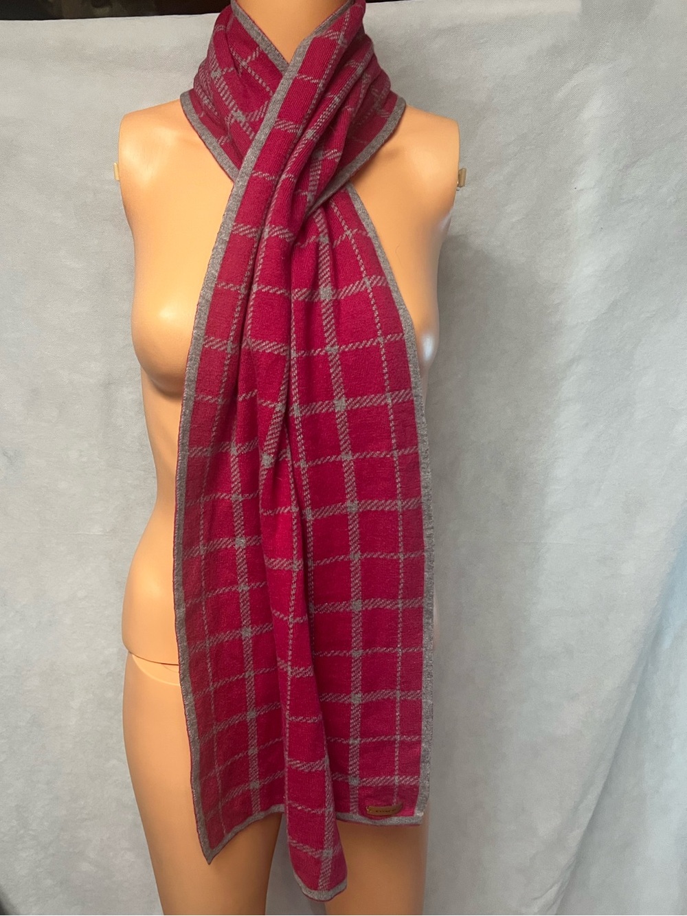Coach Plaid Knit Scarf - Raspberry Pink with Gray Trim